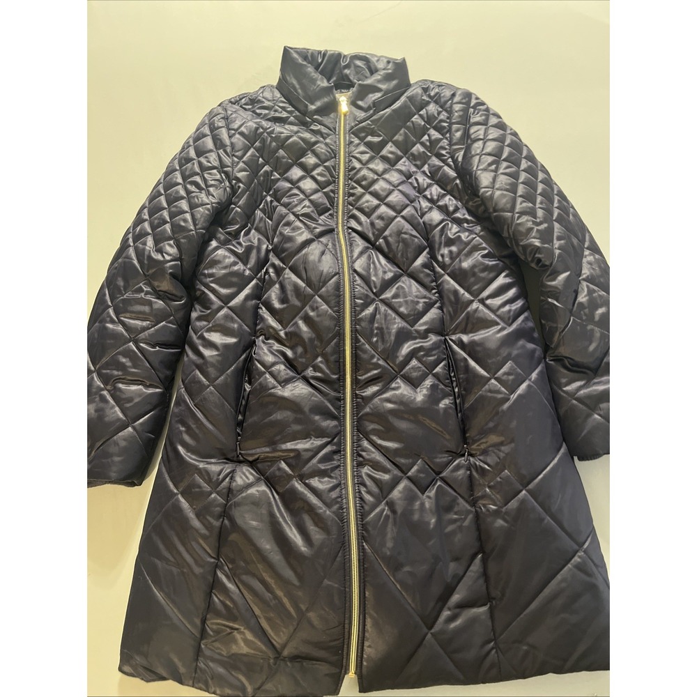 Isaac Mizrahi Live L 35" Long Dark Blue Navy Quilted Puffer Jacket Coat